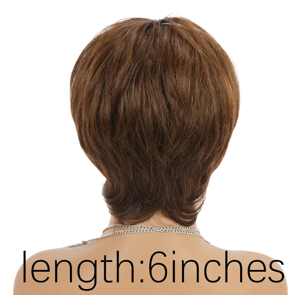 Short Straight Brown Textured Pixie Cut Human Hair Wig With Bangs Brazilian Remy layered shaggy pixie Wigs Machine Made