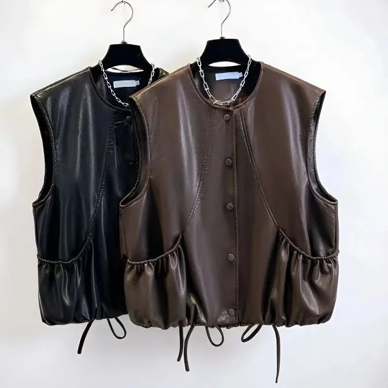 Fashion Black Brown Pu Leather Vest Coat Women's Clothing Spring Autumn Premium Motorcycle Short Sleeveless Leather Jacket top