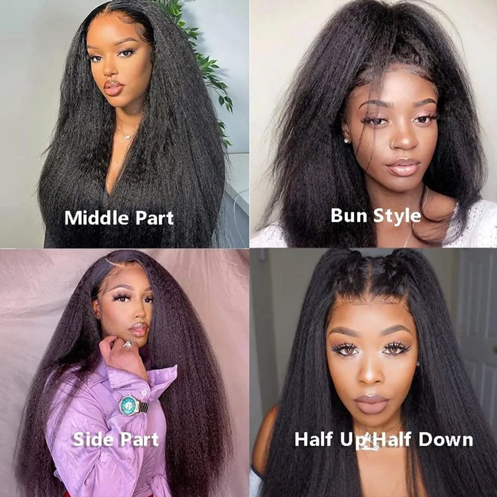 Afro Kinky Straight Lace Front Wigs Soft As Human Hair Pre Plucked With Baby Hair 210% Density Yaki Straight Transparent HD Lace