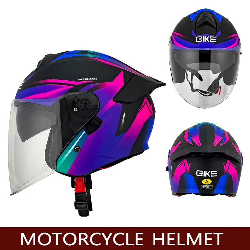 Qike Motorcycle Helmet Three-quarters Double Lens Helmets Motobike Half Helmet Four Seasons Men Women Cascos Moto