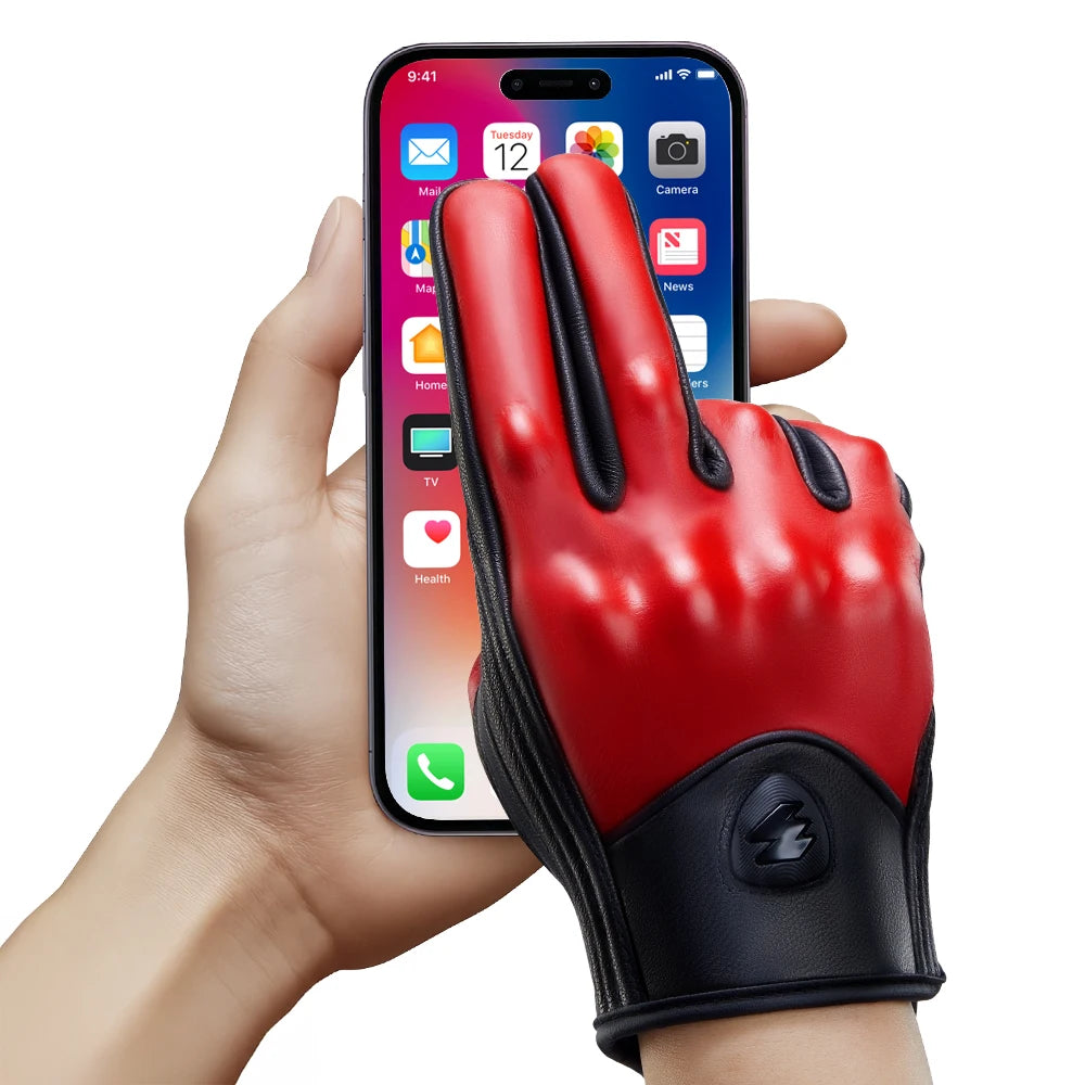 Retro Red Leather Motorcycle Gloves Men Women Breathable Perforated Motorbike Racing Gloves Touch Screen Motocross