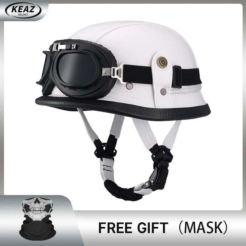 Factory Price Motorcycle German Style Leather Half Face Helmet DOT Approved Cap1/2 Shell Helmets+Goggles Open-Face Casque