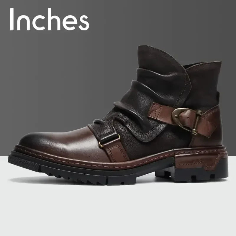 HOT Retro Men's Motorcycle Leather Boots British Style Round Head High Top Shoes Casual Platform Boots Moto Street Gear