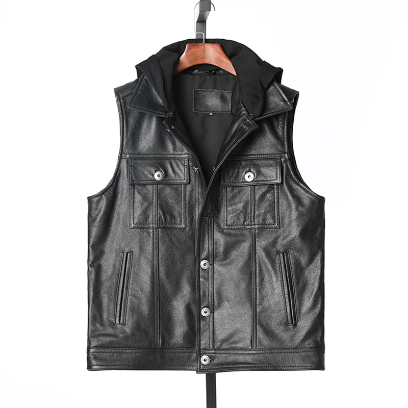 New Men's Genuine Leather Vest with Hood Denim Sle Motorcycle Jaet Youthful Springtime Faion Straight Hemline ort Length