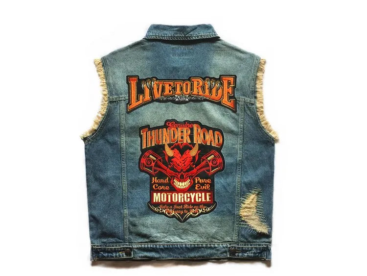 Embroidered Denim vest blue Jeans Patchwork Motorcycle Biker Jeans Sleeveless jacket punk Cowboy Fashion vest live to ride 6XL