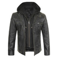 Men's Black Hooded Biker Leather Jacket With Removable Hood
