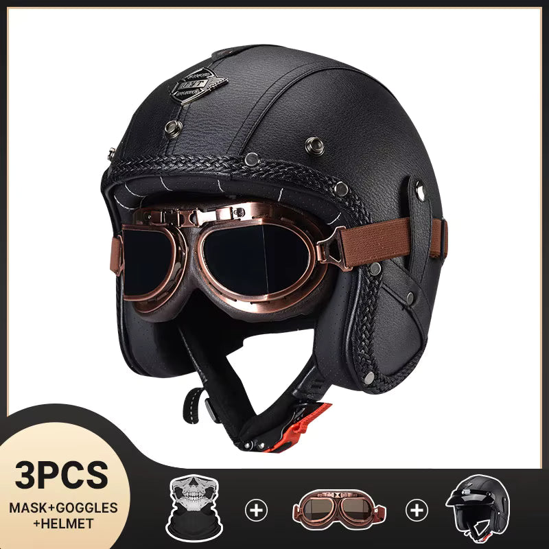 DOT Approved Vintage Leather Motorcycle Helmet Retro Open Face Chopper Casque Capacete Motorbike De Moto Masculino Casco Moto