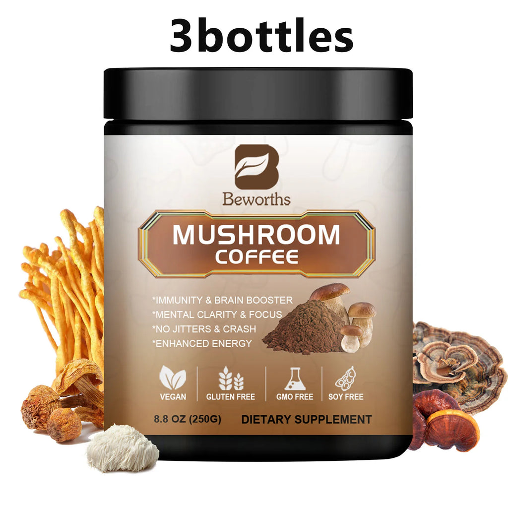 Mushroom Coffee Supplement with Cordyceps, Reish, Lion's Mane For Energy, Focus, Positive Mood And Immune Support